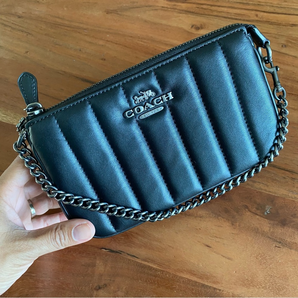 Like New black leather Coach pouch with chain